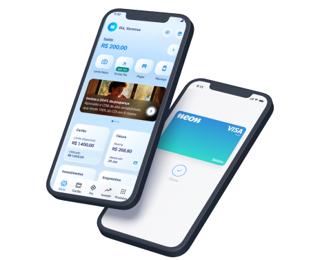 Celular com tela inicial do app Neon e cartão de crédito Neon ao lado