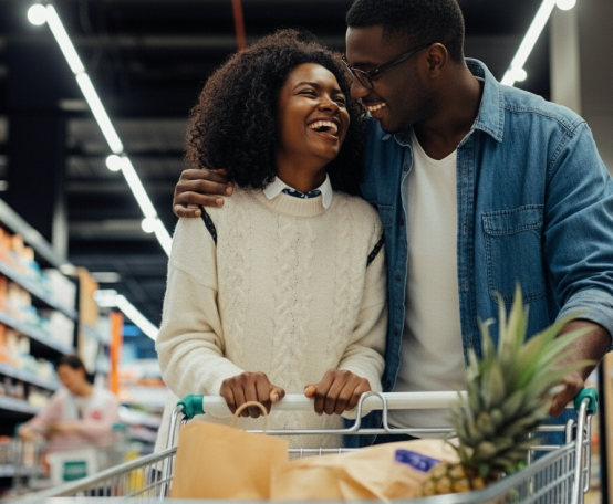 Um casal sorridente em um supermercado, com a mulher usando um suéter claro e o homem vestindo uma camisa jeans. Eles se abraçam ao lado de um carrinho de compras, que contém frutas e outros itens, transmitindo uma sensação de felicidade e cumplicidade.
