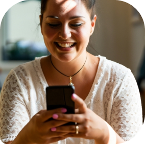 Mulher sorrindo enquanto mexe no celular
