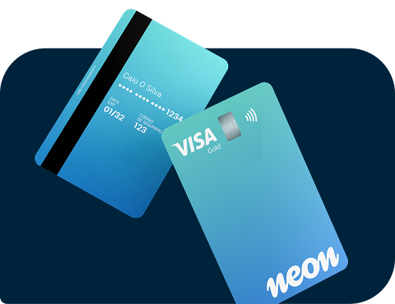Dois cartões de crédito Neon, um em cima do outro, mostrando frente e verso